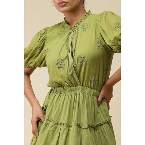 LABEL RITU KUMAR GREEN SOLID TIE UP SHORT DRESS Size Small Puff Sleeve - Picture 4 of 12